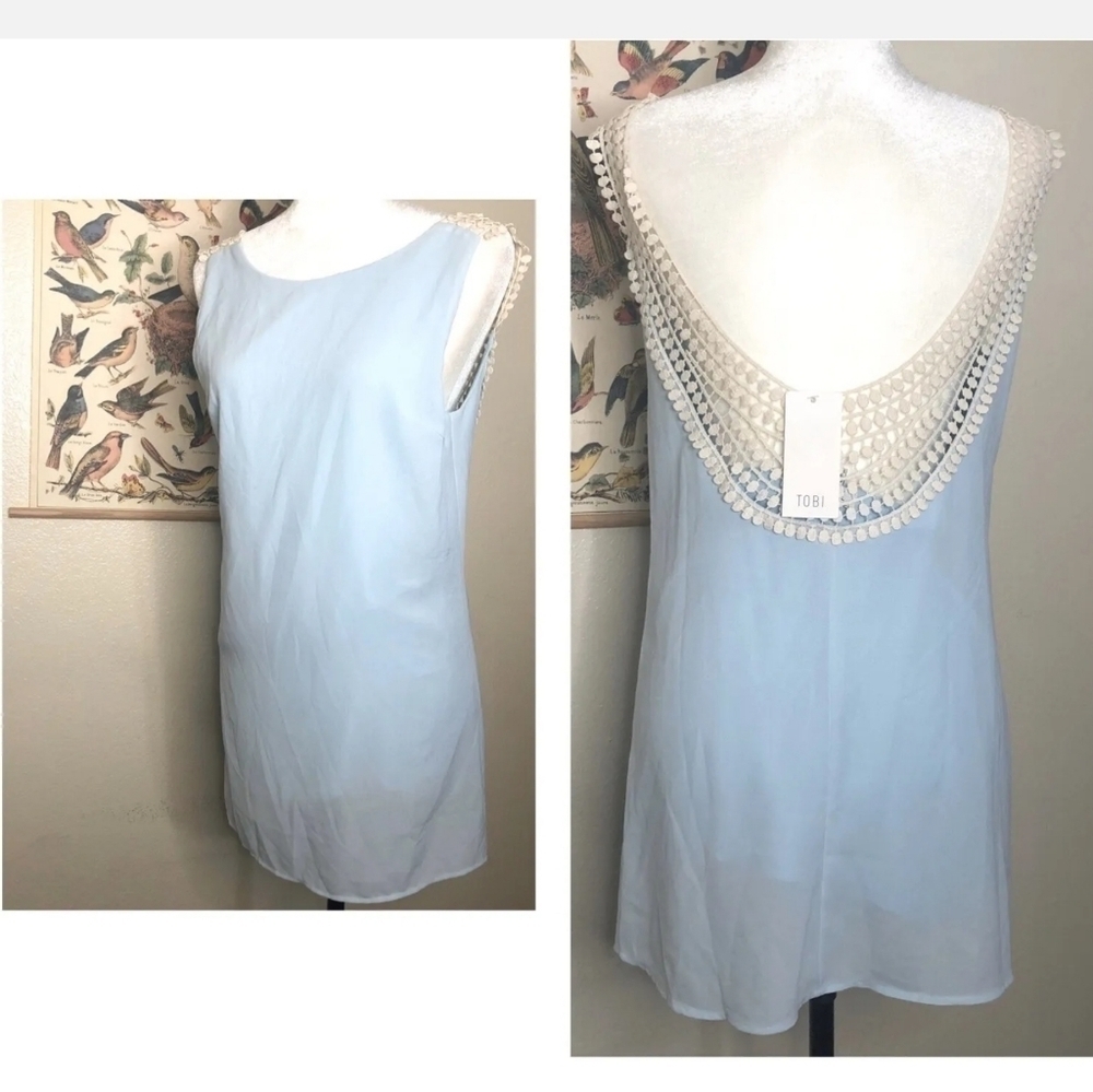 TOBI Size Small Pale Blue Mini Shift Low Back Crochet Accent Dress Size: XS